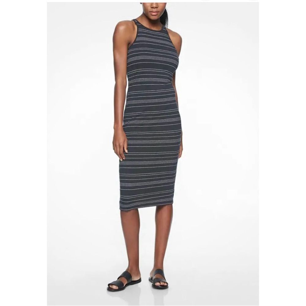 Athleta Black Sunkissed Stripe Midi Travel Summer Dress, style #212375, large